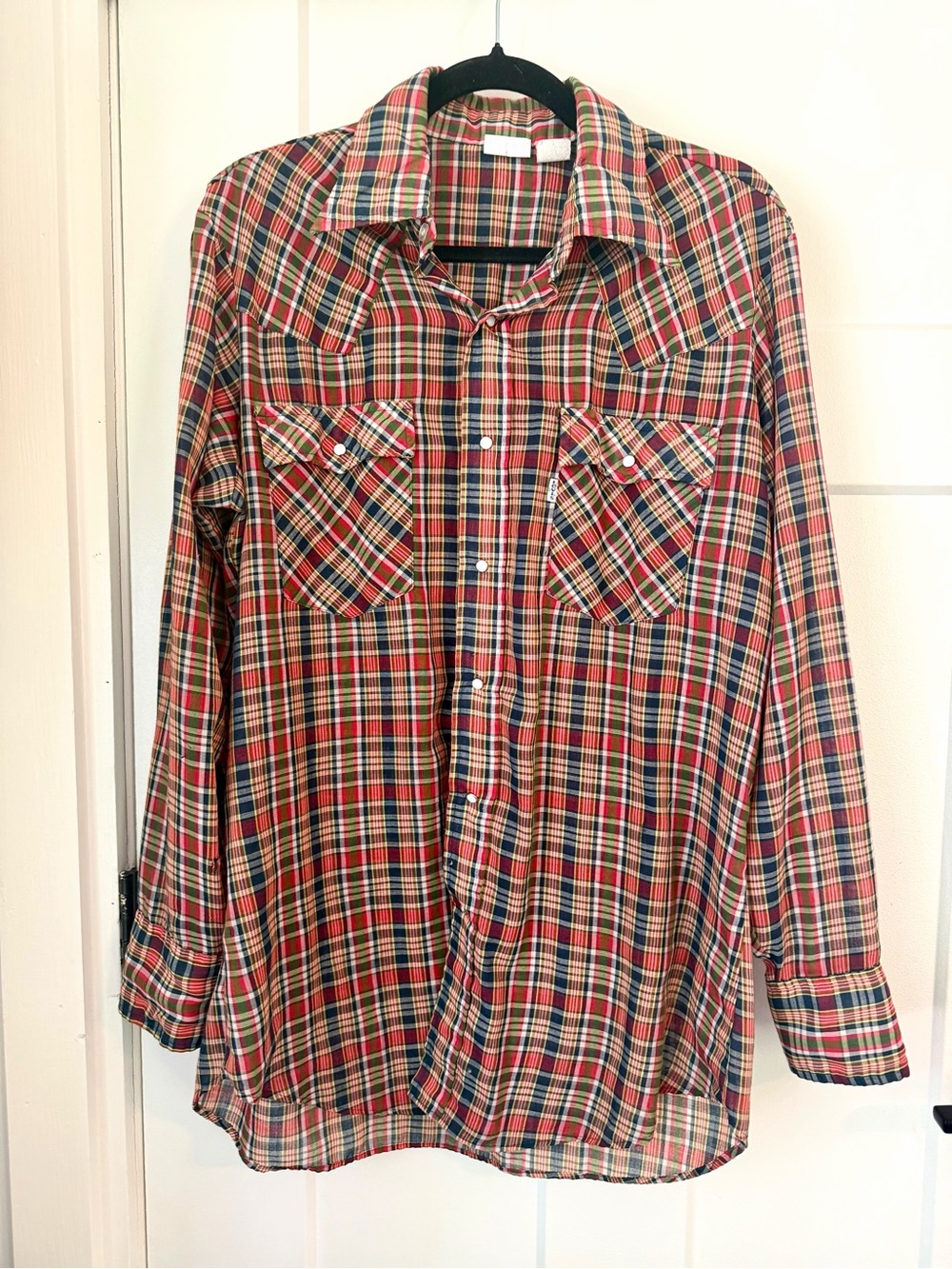 Vintage Blue Red & Brown Plaid Western Shirt Mens Large Tall 16-16.5, 80s Pearl